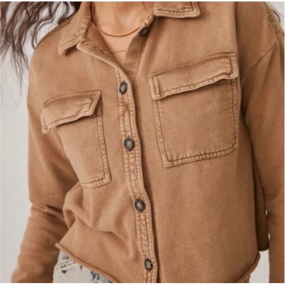 Anthropologie XS Pilcro Classic Shirt Jacket Womens Cropped 100% Cotton Tan - Picture 11 of 11